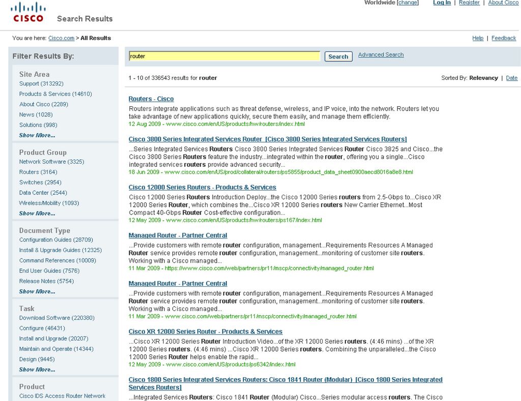 Faceted browsing on Cisco site